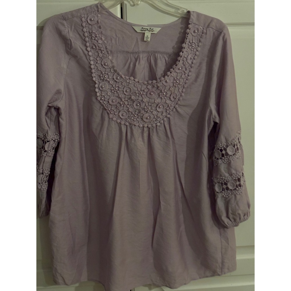 Krazy Kat Lavender Crochet Lace Pearl Accent Blouse 3/4 Sleeve Top Purple Medium